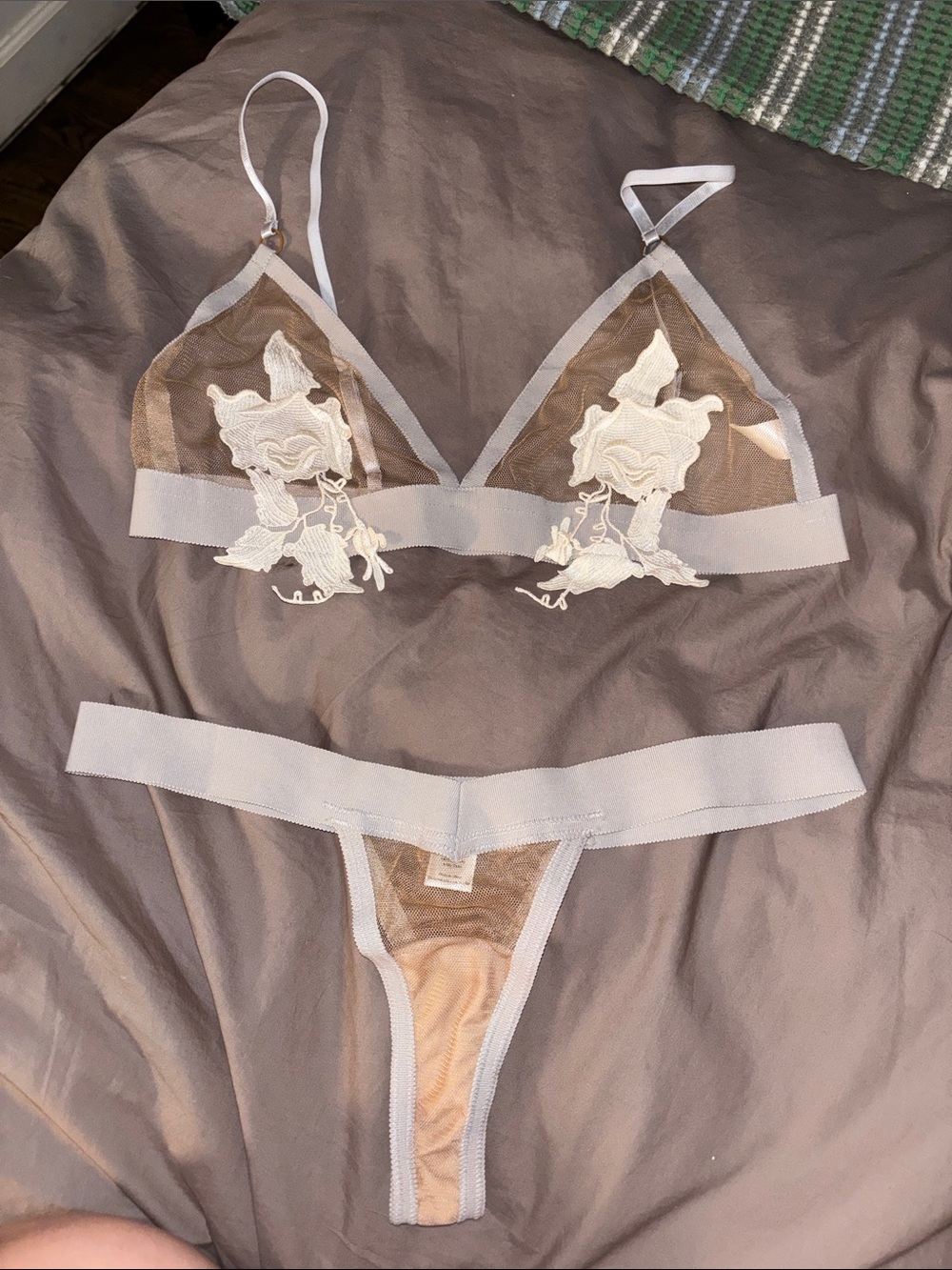 For Love & Lemons Sheer Floral Appliqué Bralette & Thong — Nude and Cream